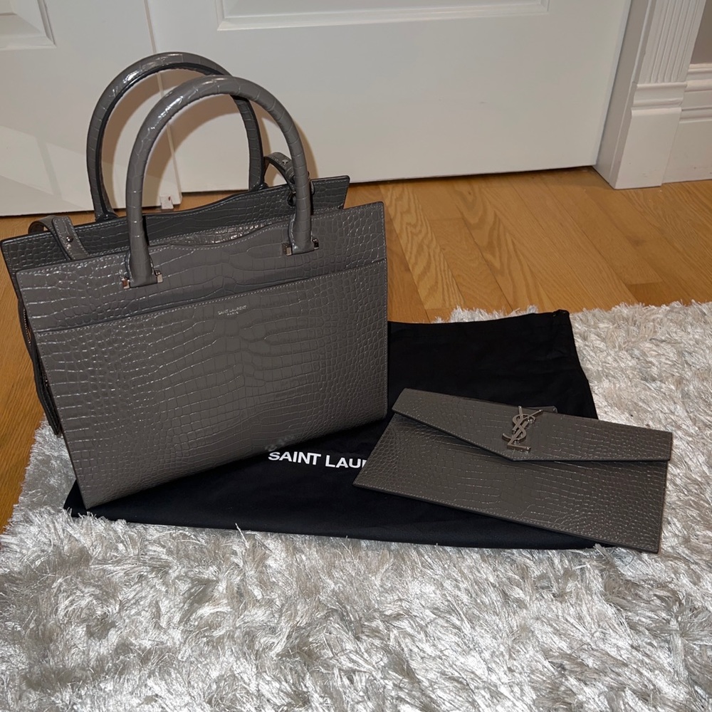 Saint Laurent Authentic 2 in 1 Grey Croc Embossed Handbag